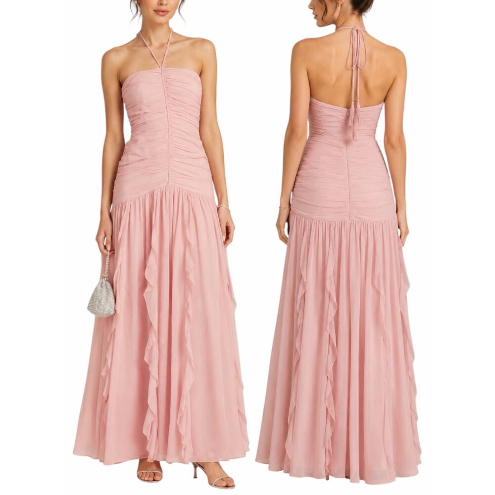 Veronica Beard Lucine Ruched Silk Halter Neck Maxi Dress Size 12